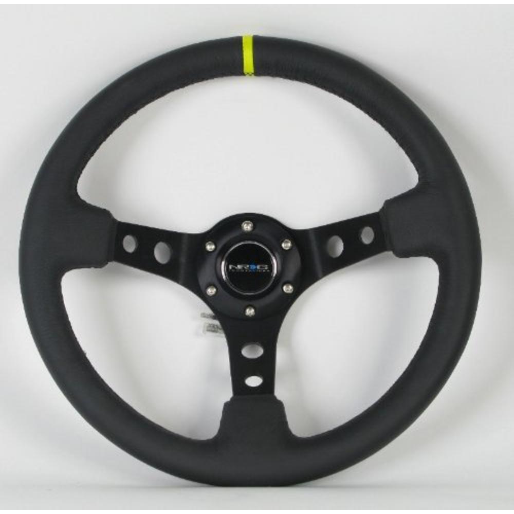 NRG Innovations, ST-006BK-Y, 350mm 3 Inches Deep Dish 6 Hole Racing Steering Wheel Black Leather Yellow Pointer with Horn Button