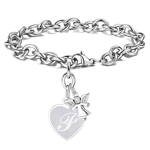M MOOHAM Guardian Angel Charm Bracelets for Women, Stainless Steel Alphabet P Initial Charm Bracelets for Women Teen Girls Nurse Gifts Te