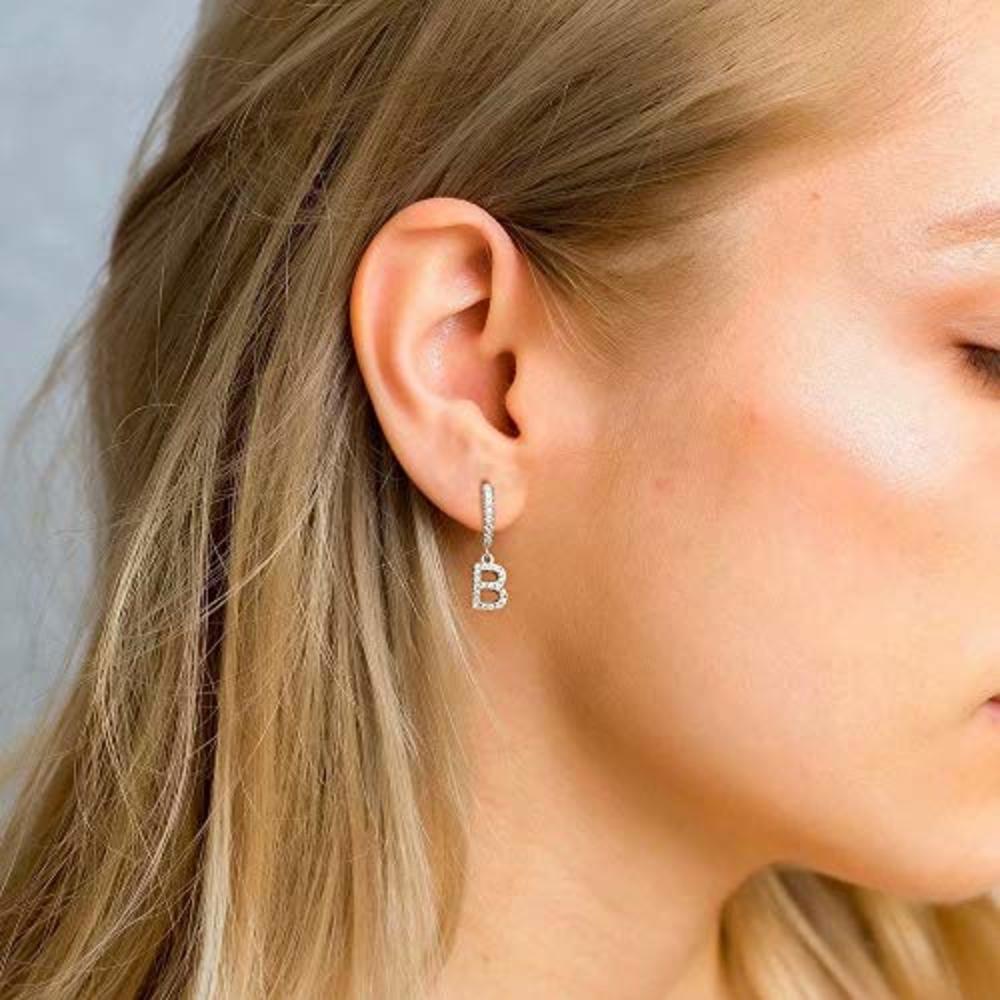 M MOOHAM Initial Earrings for Girls Kids, 925 Sterling Silver Post Small Silver Huggie Hoop Earrings Letter J Initial Dangle Earrings for