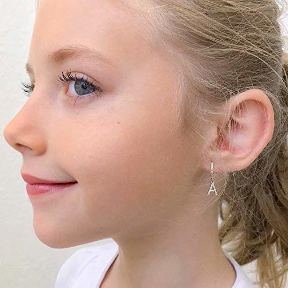 M MOOHAM Initial Earrings for Girls Kids, 925 Sterling Silver Post Small Silver Huggie Hoop Earrings Letter J Initial Dangle Earrings for