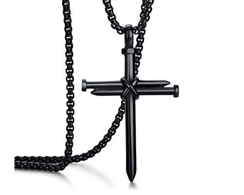 REHOBOTH Mens Stainless Steel Nail Cross Pendant Necklace for Boys Womens Mens With 24 Inch Chain Polished Black