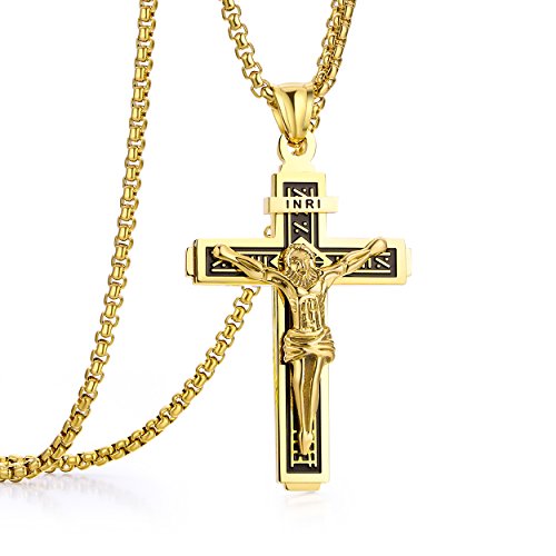 REHOBOTH Jesus Christ on INRI Crucifix Stainless Steel Cross Pendant Necklace for Boys Men Women 24" Chain Gold