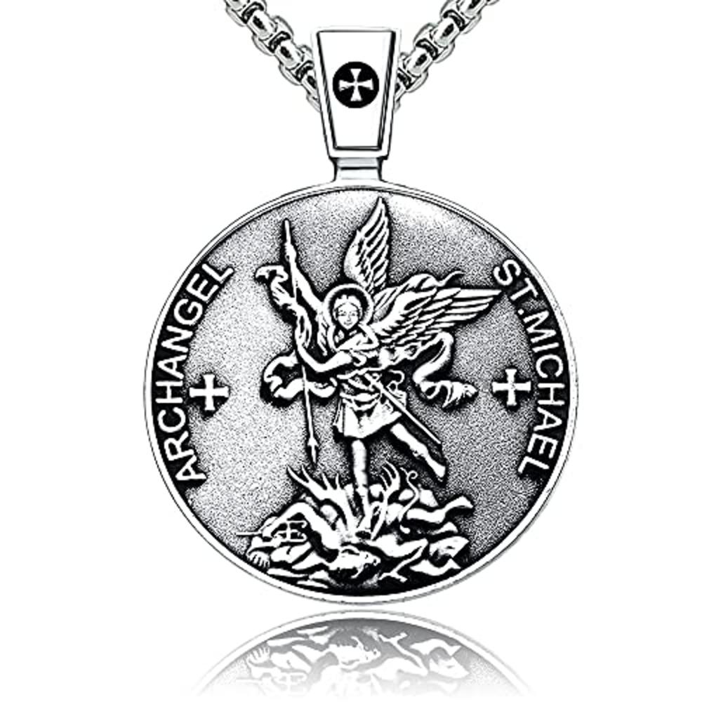 VENICEBEE Archangel St. Michael Saint Medal Sigil Seal Solid 925 Sterling Silver Pendant Necklace with Venetian Link Chain Black