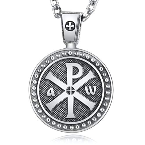 VENICEBEE CROSS MEDAL CHI-RHO JESUS CHRIST NAME BIBLE VERSE JN8:12 Solid 925 Sterling Silver Pendant Necklace with Chain Black V