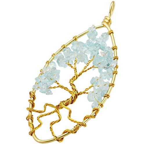 TUMBEELLUWA Tree of Life Pendant Necklace Stone Healing Crystal Quartz Chakra Handmade Jewelry for Women,Gold Plated,Aquamarine