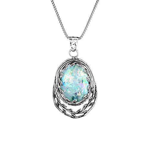 PZ Paz Creations 925 Sterling Silver Necklace For Women Girls | Roman Glass Oval-Shapped Leaf Design Pendant with 18" Box Chain 