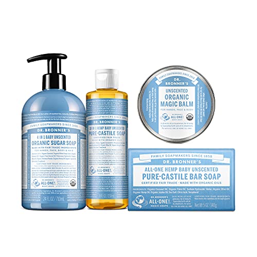 Dr. Bronners Baby Unscented Gift Set - Pure-Castile Liquid and Bar Soaps, Organic Magic Balm, and 4-in-1 Organic Sugar Pump Soap