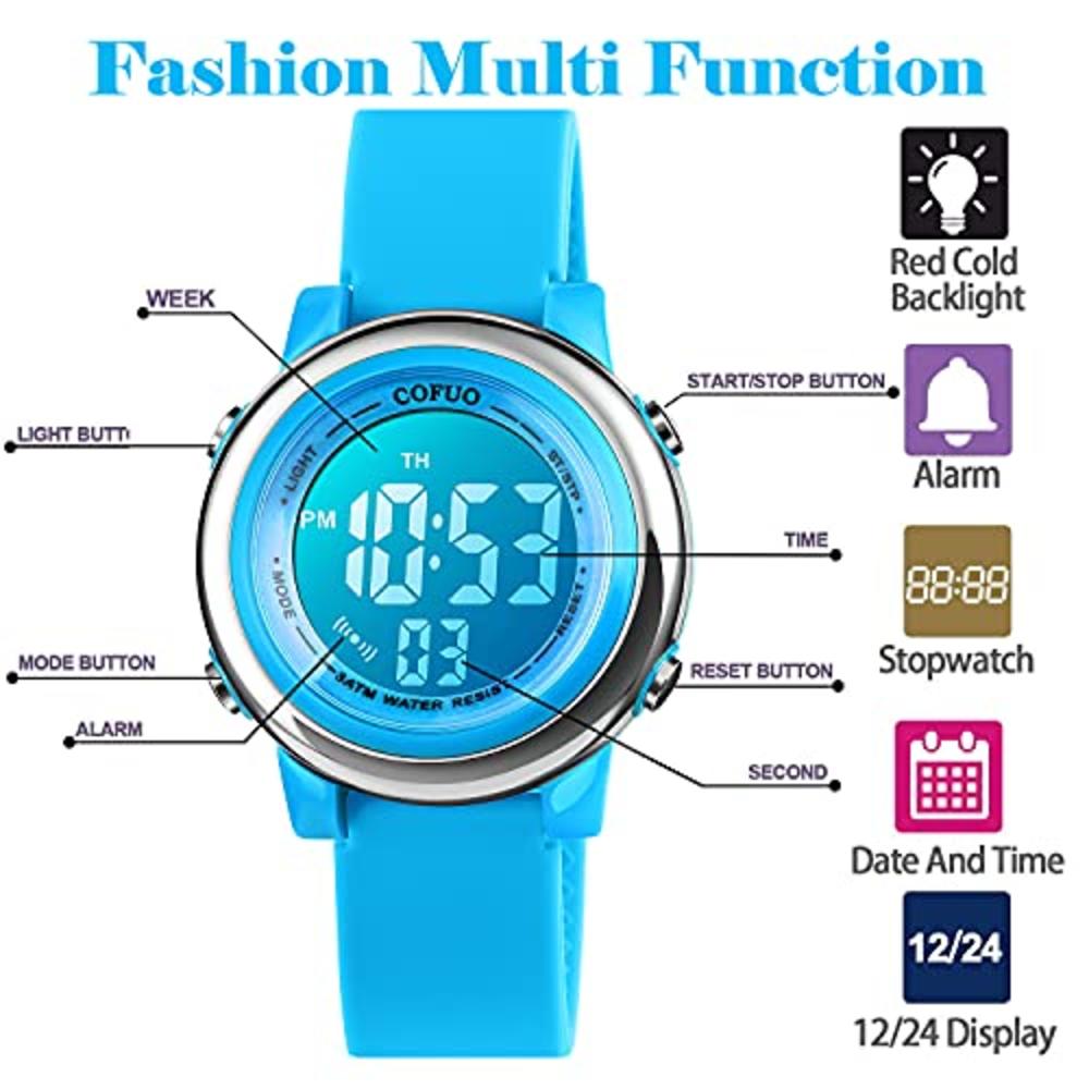 Cofuo Kids Digital Sport Waterproof Watch for Girls Boys, Kid Sports Outdoor LED Electrical Watches with Luminous Alarm Stopwatch Chil