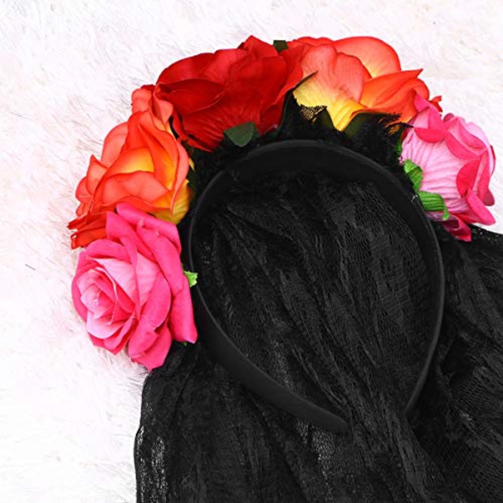 Beaupretty Halloween Day of The Dead Veil Headband Rose Flower Crown Long Veil Halloween Costume Floral Headband Mexican Headpie