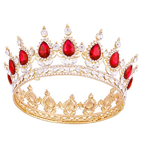 Vofler Crowns for Women, Vofler Queen Tiara Baroque Vintage Gold Ruby Red Crystal Rhinestone Headband for Lady Girl Bridal Bride Prince