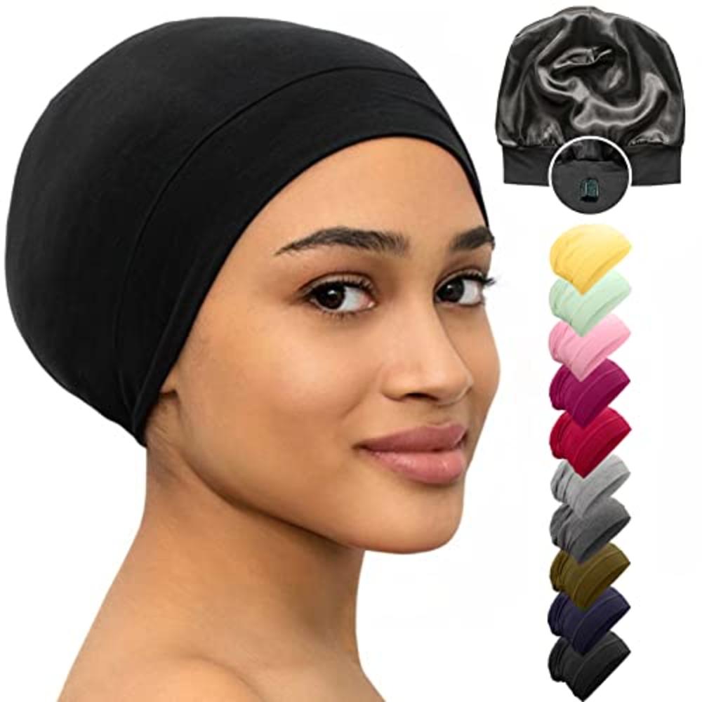 CAPLORD Satin Bonnet Lined Sleeping Beanie Hat Bamboo Headwear Frizzy  Natural Hair Nurse Cap for Women and Men (Black)