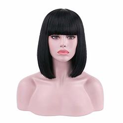 Rosastar Rosa Star Short Bob Hair Wigs 12" Straight with Flat Bangs Synthetic Hair Wig Colorful Cosplay Daily Party Wig for Women (Black)