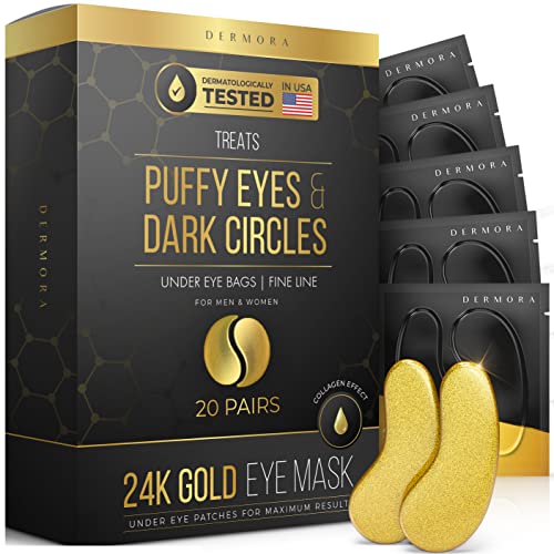 Dermora 24K Gold Eye Mask– 20 Pairs - Puffy Eyes and Dark Circles Treatments – Look Less Tired and Reduce Wrinkles and Fine Lines Undere