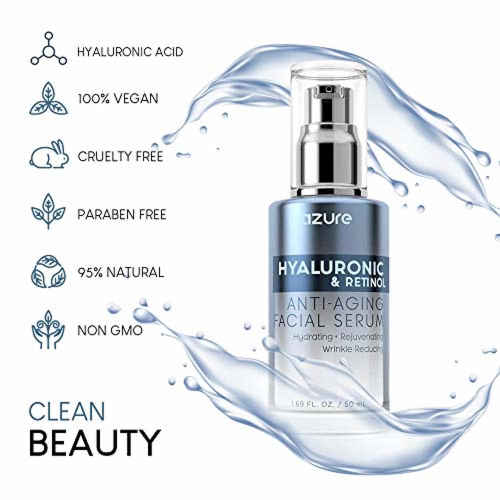 Azure Cosmetics AZURE Hyaluronic & Retinol Anti Aging Facial Serum - Hydrating, Anti Aging & Rejuvenating | Reduces Wrinkles, Fine Lines & Creas