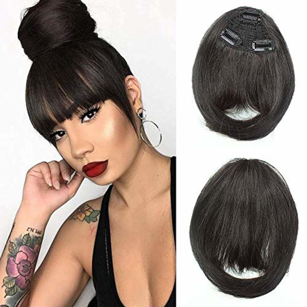 RosesAngel Clip in Bangs Real Human Hair Flat Bangs Remy Fringe Hair Extensions Thick Full Tied Bangs with Temples Clip on Hair Pieces for 