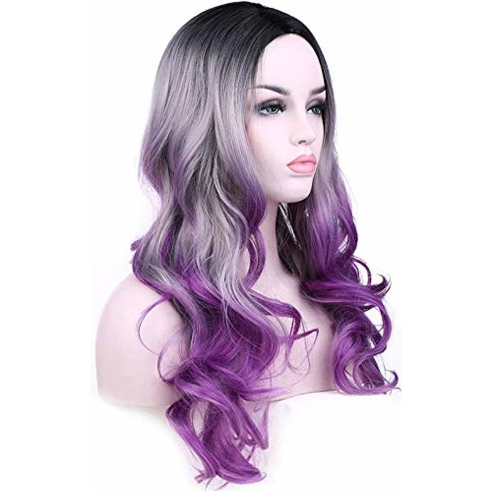 aSulis Long Wavy Full Wigs Ombre Black Grey Purple Wig Mix Three Tones  Dyeing Color Synthetic