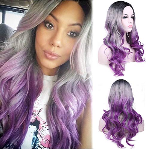 aSulis Long Wavy Full Wigs Ombre Black Grey Purple Wig Mix Three Tones  Dyeing Color Synthetic