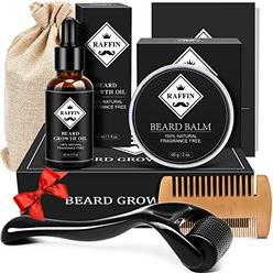 Raffin Beard Growth Kit - Derma Roller for Beard Growth, Beard Growth Oil for Patchy Beard, Beard Roller, Mustache Balm, Beard Comb, eB