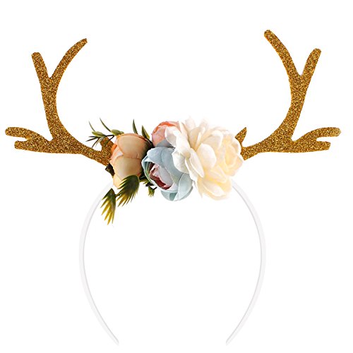 BESTOYARD Reindeer Antler Headband Christmas Headband Novelty Party Hair Band Head Band with Flowers Blossom Fancy Dress Costume