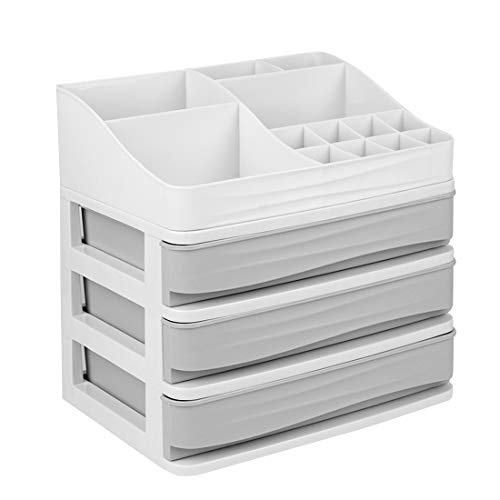 JULYS SONG Cosmetic Makeup Organizer with Drawers, Plastic Bathroom Counter Stand Storage Box Lipstick Holder(S-3, Grey)
