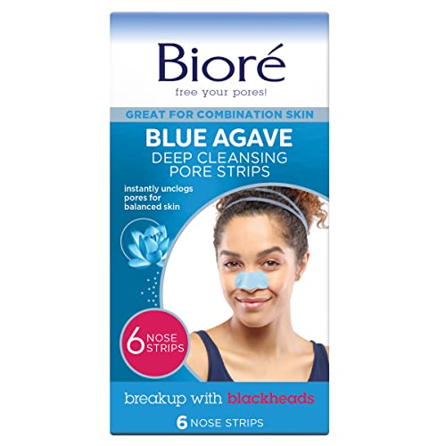 Bioré Blue Agave Pore Strips, Nose Strips for Combination Skin, with Instant Blackhead Removal and Pore Unclogging, 6 Count, fea