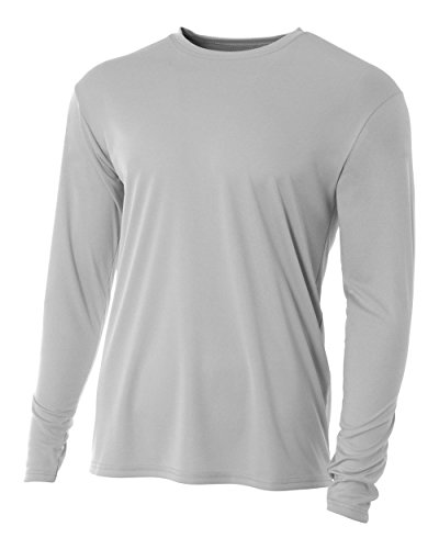 A4 Mens Cooling Performance Crew Long Sleeve T-Shirt, Silver, Medium