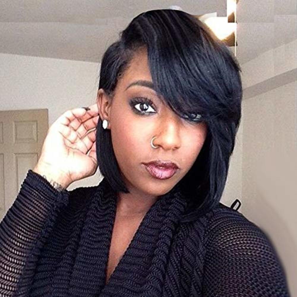 SCENTW Short Cut Bob Synthetic Wigs for Women Heat Resistant Costume African  American Wigs with Side Bangs Natural Black Full Wi