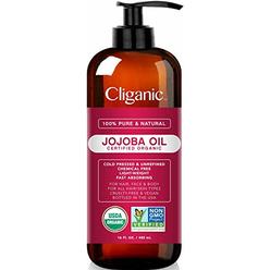 Cliganic USDA Organic Jojoba Oil 16 oz with Pump, 100% Pure | Bulk, Natural Cold Pressed Unrefined Hexane Free Oil for Hair & Face | Base