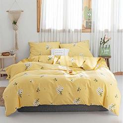 HighBuy Girls Full Floral Bedding Sets Queen Yellow 3 Pieces Cotton Flowers Duvet Cover Set with 2 Pillow Shams,Lightweight Comforter Co