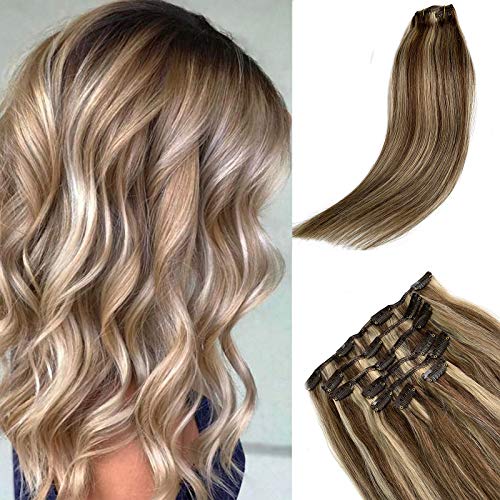 Licoville Remy Clip in Hair Extensions Blonde with Brown Balayage Clip ins Extensions  Human Hair Silky Straight 15 Inch Short Clip on Exte