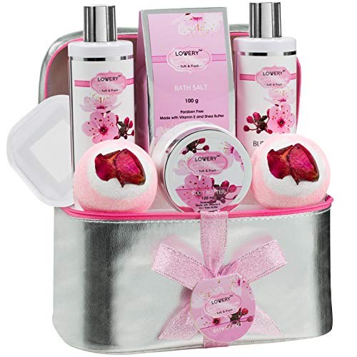 Lovery Christmas Gift, Bath and Body Spa Gift Basket Set for Women – Cherry Blossom Home Spa Set with Fragrant Lotions, 2 Extra Large B