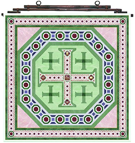 Christian Silks Scarf Jerusalem Cross Design in Green, Rose, and Burgandy, Square (35" x 35")
