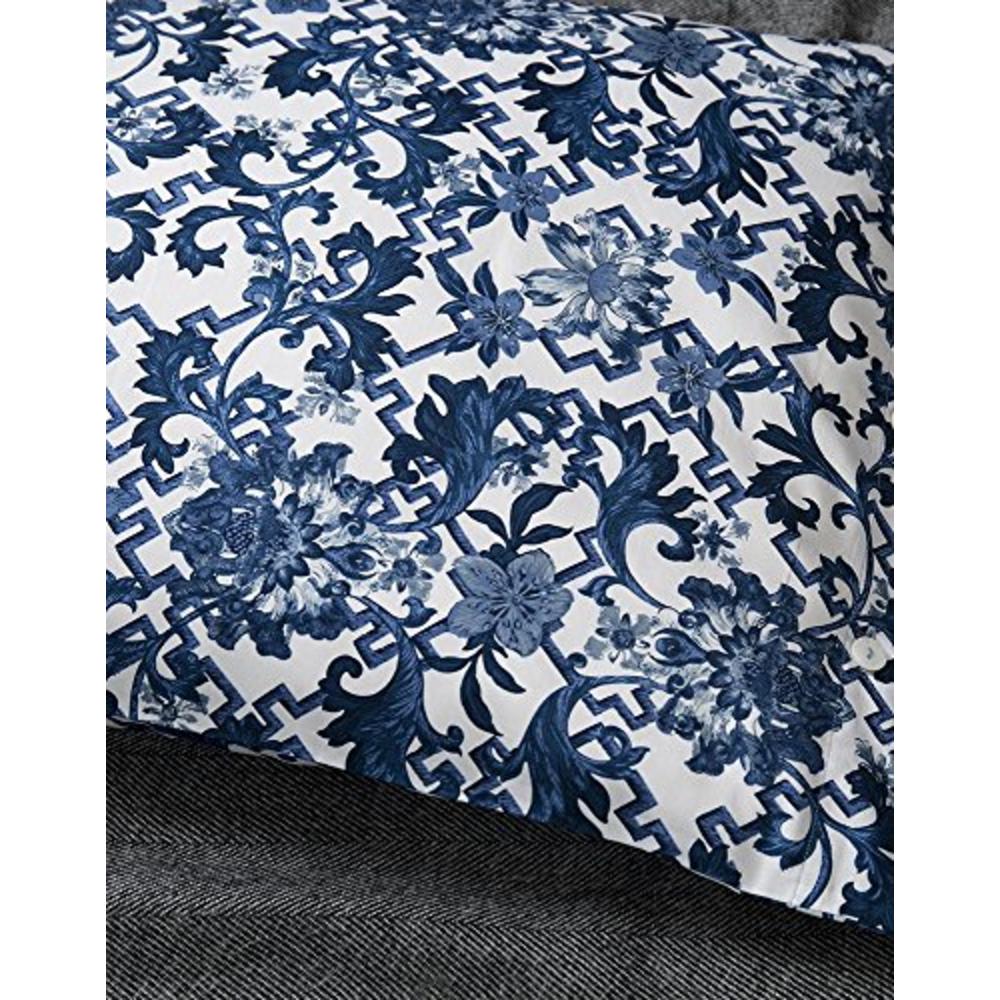 Eikei Luxury Duvet Cover Vintage Portuguese Tiles Multicolored Azulejos Medallion Denim Blue Pattern 3 Piece Cotton Bedding Set (Queen