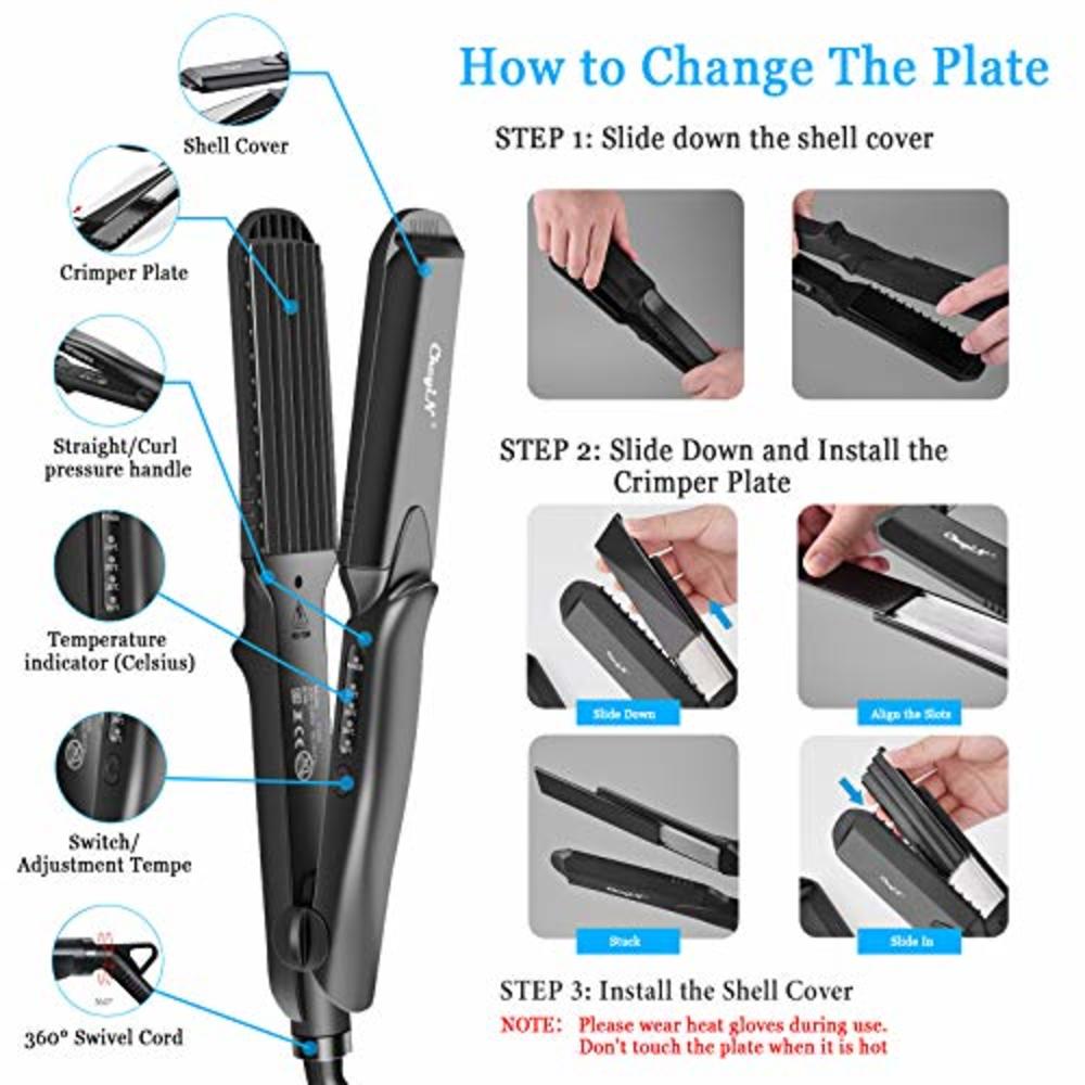 inkint Hair Crimper, Crimping Irons Hair Straightener Flat Iron with 4  Interchangeable Tourmaline Ceramic Plate Adjustable