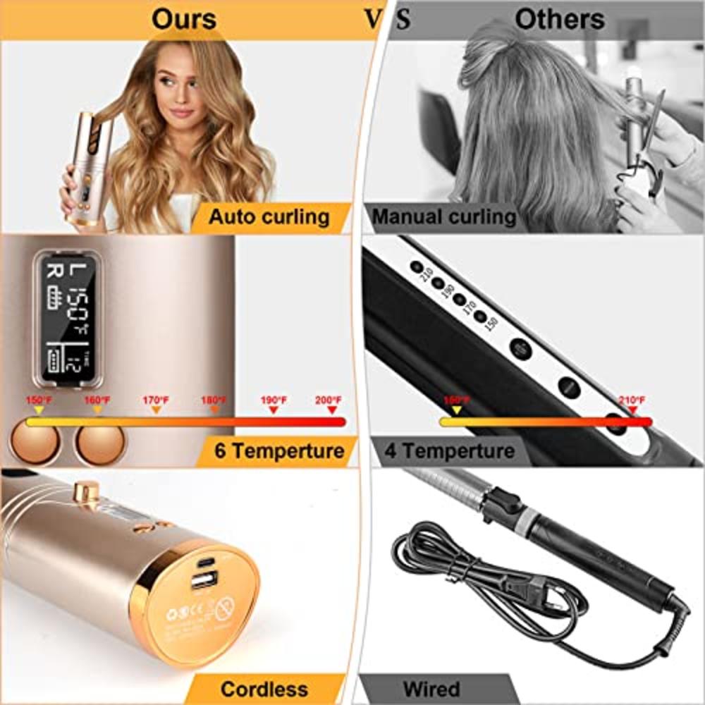 Hair Curler, HugeHard Cordless Automatic Hair Curling Iron USB Rechargeable  Portable Hair Curler Wand Fast Heating with Timer Se
