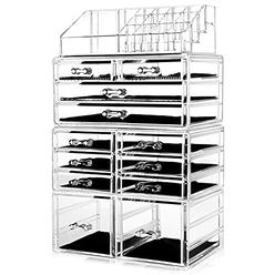 HBlife Makeup Organizer Acrylic Cosmetic Storage Drawers and Jewelry Display Box with 12 Drawers, 9.5" x 5.4" x 15.8", 4 Piece, 