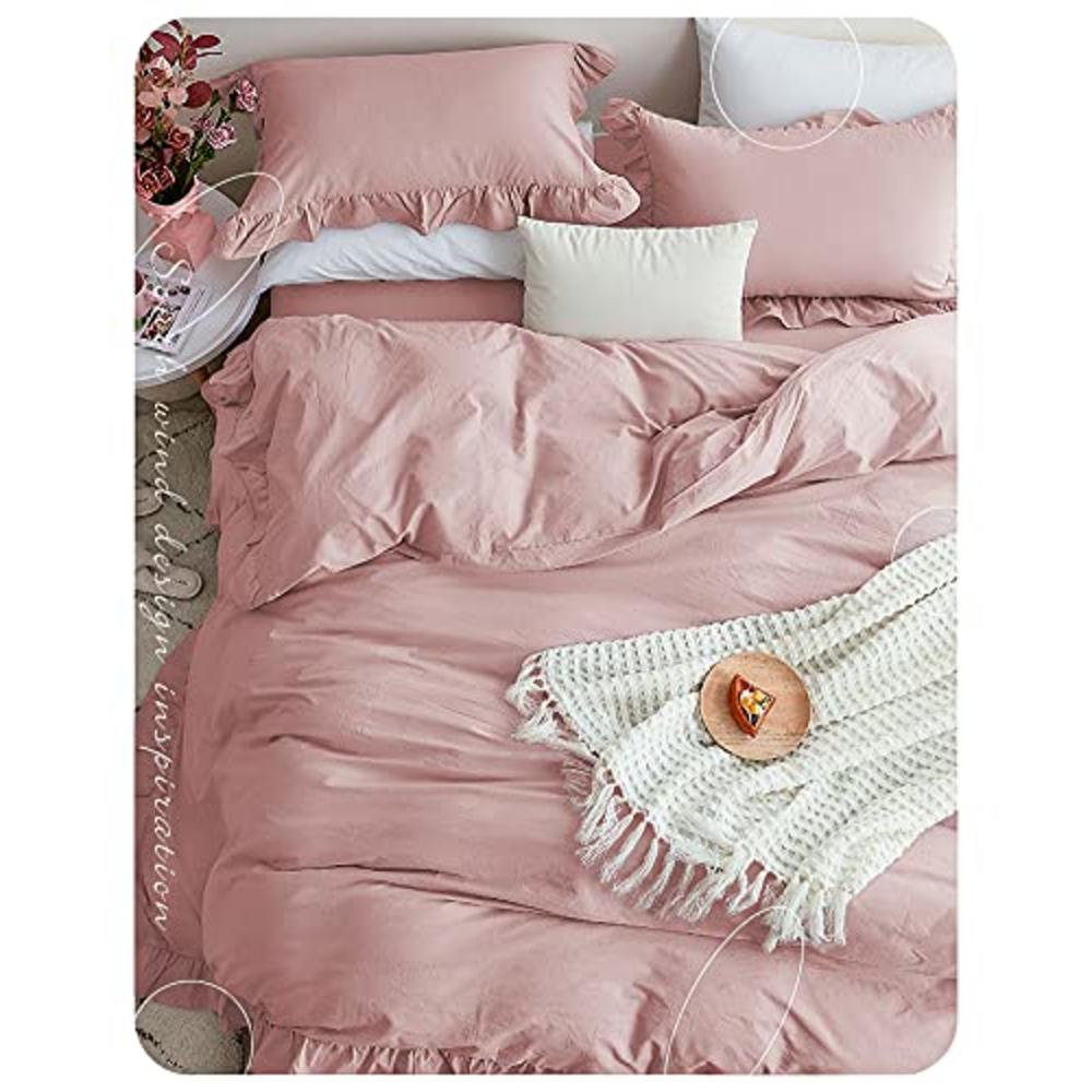 Omelas Blush Pink Ruffled Duvet Cover Set Queen Size Vintage Ruffle Fringe Comforter Cover Solid Color Farmhouse Rustic Bedding 