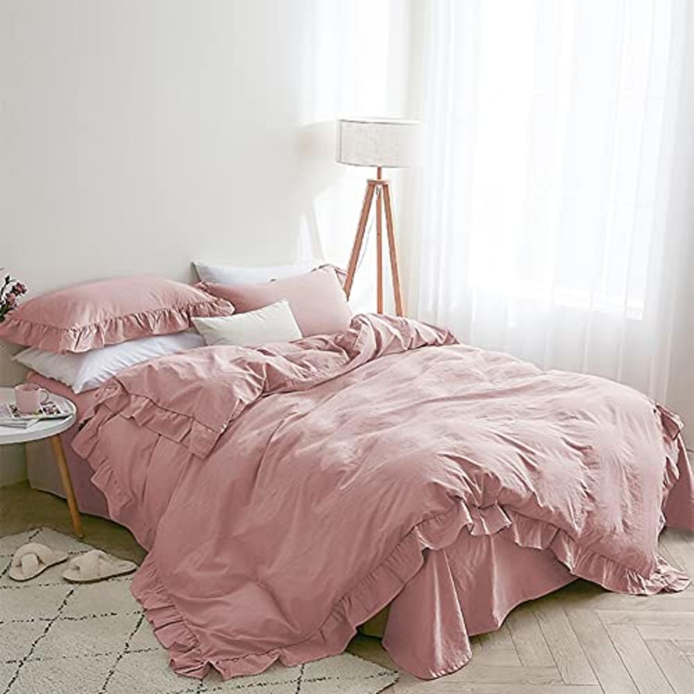 Omelas Blush Pink Ruffled Duvet Cover Set Queen Size Vintage Ruffle Fringe Comforter Cover Solid Color Farmhouse Rustic Bedding 