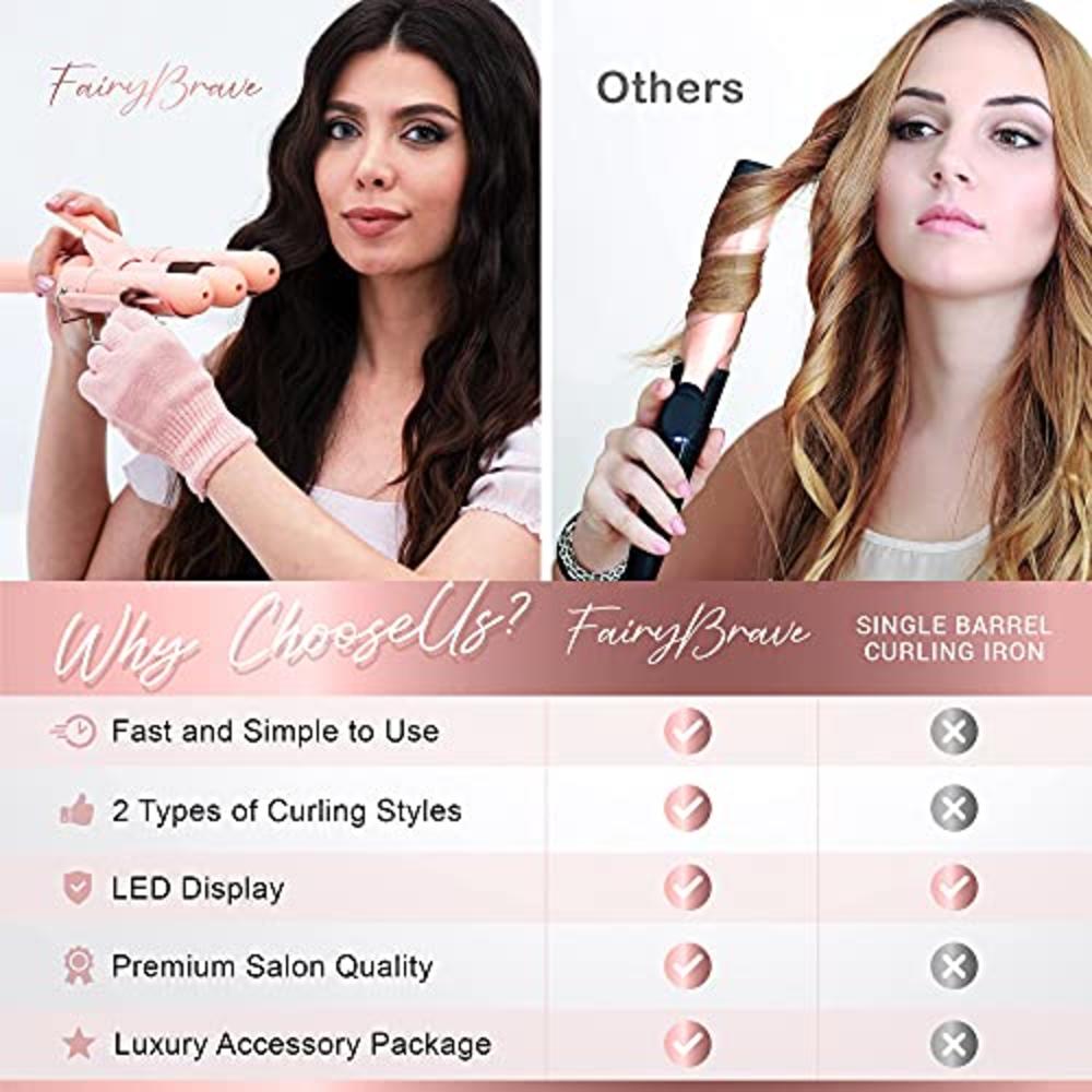 FairyBrave 3 Barrel Curling Iron, Triple Hair Waver & Crimper Wand for Beach Waves, Ceramic Tourmaline with Adjustable Temperature - Glam W
