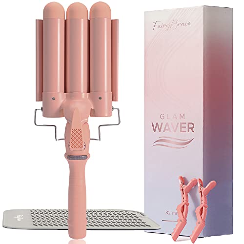 FairyBrave 3 Barrel Curling Iron, Triple Hair Waver & Crimper Wand for Beach Waves, Ceramic Tourmaline with Adjustable Temperature - Glam W