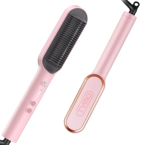 TYMO Ring Pink Hair Straightener Brush – Hair Straightening Iron with Built-in Comb, 20s Fast Heating & 5 Temp Settings & Anti-S