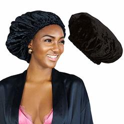 SWIRLYCURLY Hair Bonnet for Thick, Natural, Curly Hair | No-Slip, No-Stain, Satin & Velvet Sleep Cap with Travel Bag (Black Velvet)