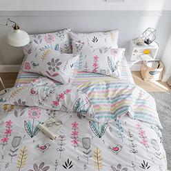 HIGHBUY Floral Printed Bedding Sets Queen Duvet Cover Girls Cotton Comforter Cover Full Size Garden Aesthetic Reversible Striped