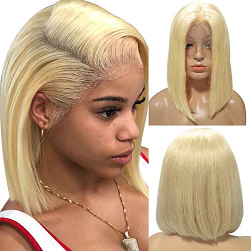 BESFOR Blonde Bob Wigs Real Human Hair Colored 613 Straight 13x4 Lace  Frontal Wig for Black Women Short 10