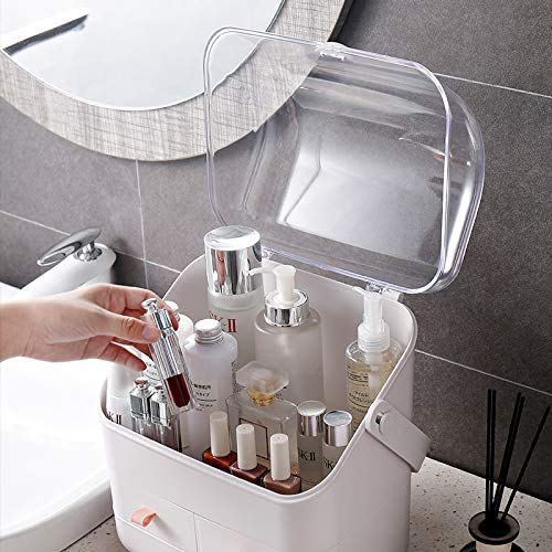 SUNFICON Makeup Organizer Holder Cosmetic Storage Box with Dust Free Cover Portable Handle,Fully Open Waterproof Lid, Dust Proof