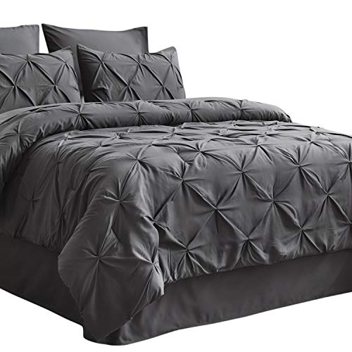 Bedsure Dark Grey Full Size Comforter Sets - 8 Pieces Pintuck Bed Set Full Size, Dark Grey Full Size Bed in A Bag with Comforter