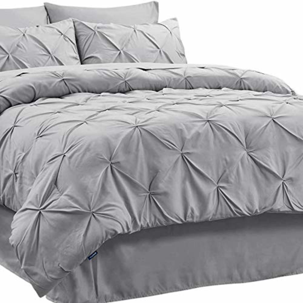 Bedsure Queen Comforter Set 8 Pieces - Pintuck Queen Bed Set, Bed in A Bag Grey Queen Size with Comforters, Sheets, Pillowcases 