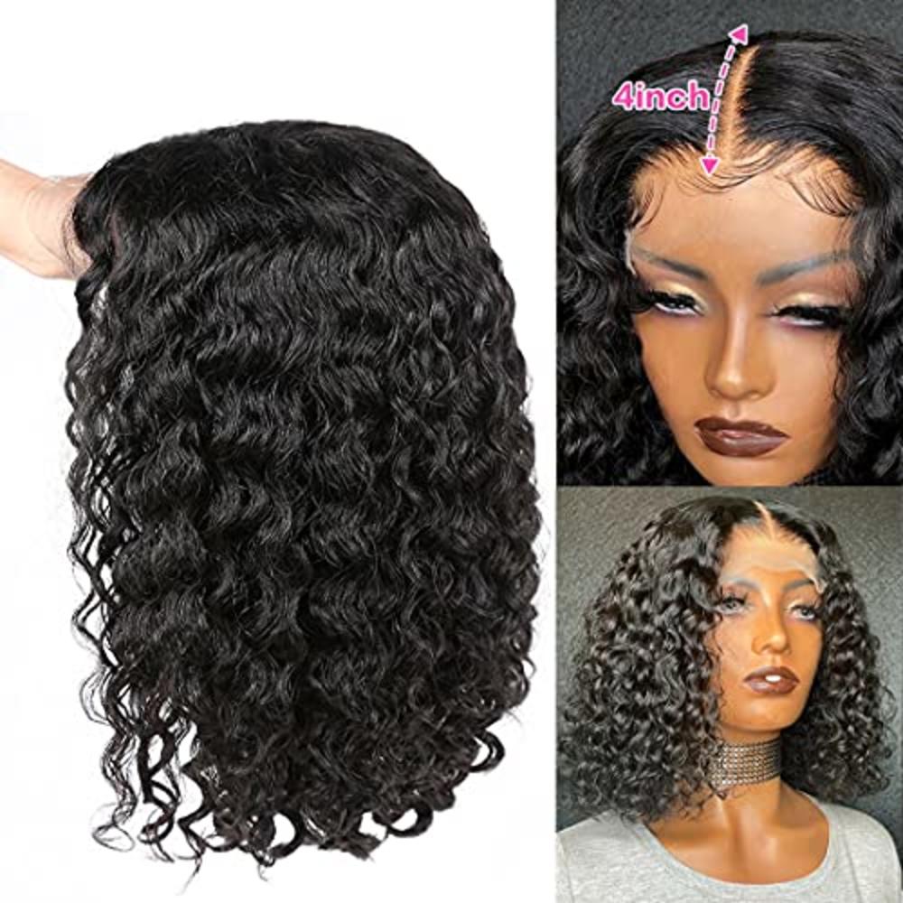 Arkaiesha 14 Inch Water Wave Lace Closure Wigs Human Hair Short Wet and Wavy  4x4 Lace