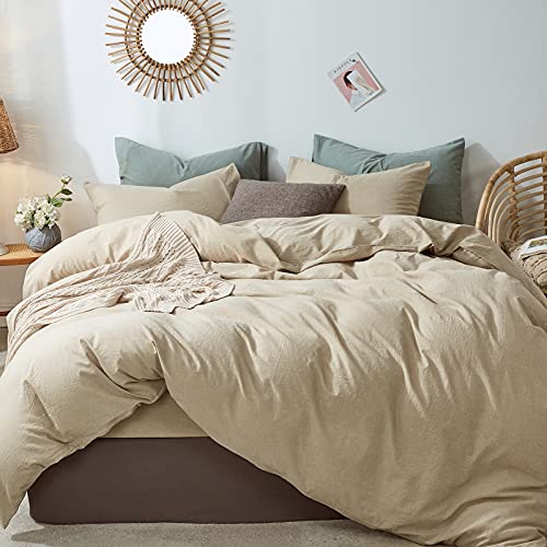MooMee Bedding Duvet Cover Set 100% Washed Cotton Linen Like Textured Breathable Durable Soft Comfy (Khaki, King)