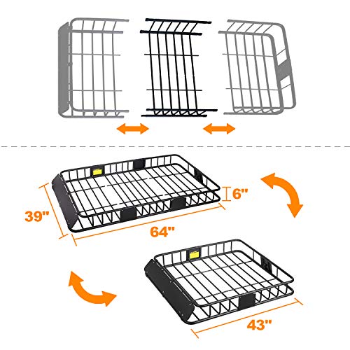 XCAR Roof Rack Carrier Basket Rooftop Cargo Carrier with Extension Black Car Top Luggage Holder 64"x 39"x 6" Universal for SUV C
